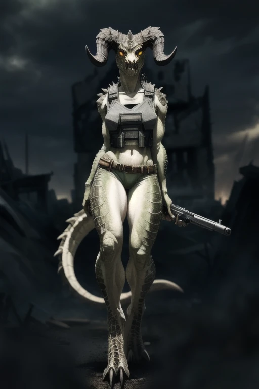 a highly detailed and incredibly realistic anthro deathclaw girl, 1girl, realistic scales, green scaled skin, yellow eyes, black lips, black ram horns, long tail, bulletproof vest, holding rusty gun, ruined city background, looking directly at viewer, photorealistic, 4k, best quality, masterpiece, ultra-detailed, physically-based rendering, vivid colors, HDR