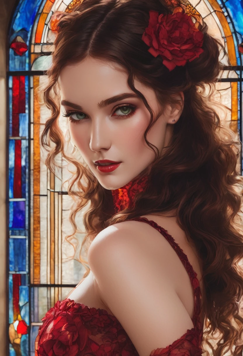 "A young woman in her 20s with a captivating look. Her elongated green eyes are framed by long lengths and well-shaped eyebrows. A vibrant red mouth complements the glowing skin of her face. Her long red hair, falling in defined curls in a side of the head, are highlighted by a soft light emanating ???????????. She wears a black and red floral tulle dress, with many detailed ruffles and draped over the shoulders that highlight the colorful stained glass background of a detailed window, at the top. quality, UHD.