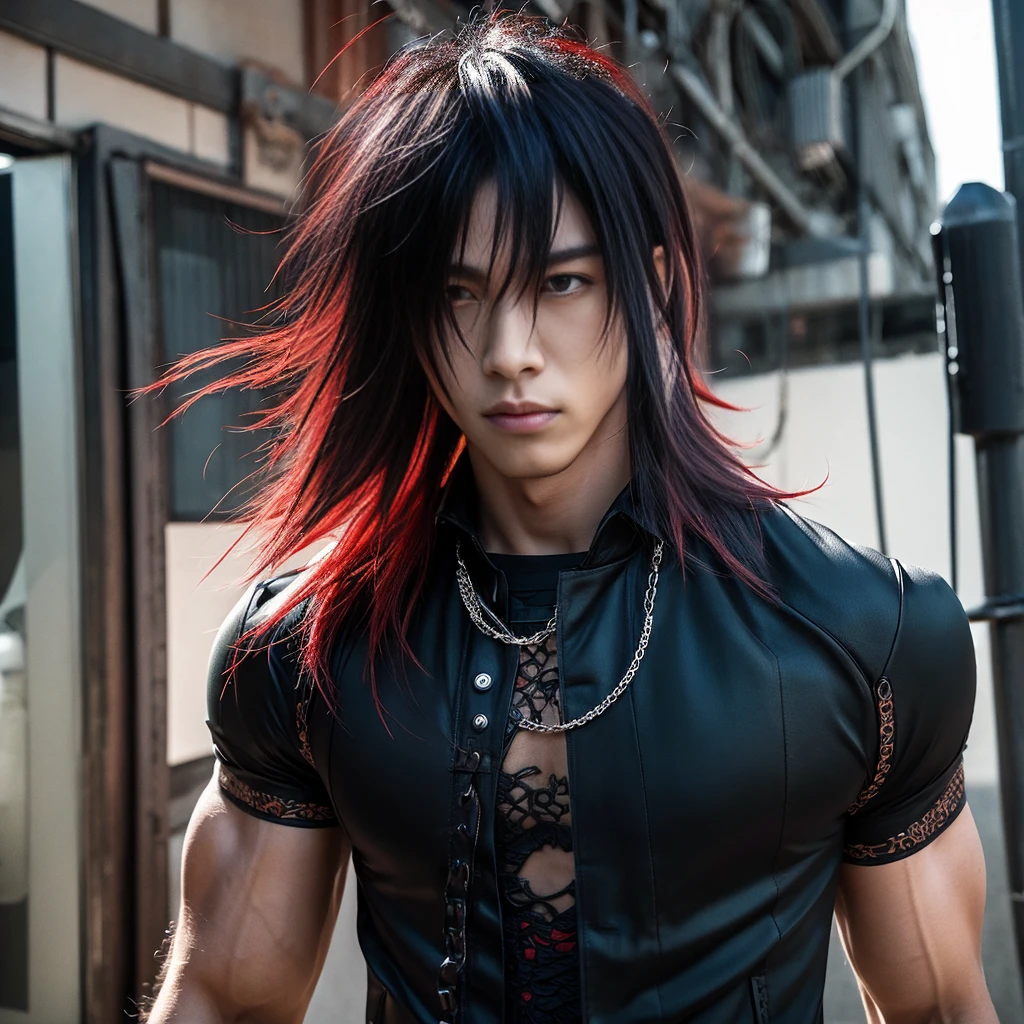 1 man, Japanese man, male, Asian eyes, muscular, broad shoulders, dragon,hairstyle Visual Kei style, hair Visual Kei, black men's shirt and black pants, ultra detailed face, hyperrealistic, realistic representation, 30 years old!,age 30 years! Blonde hair, long hair.