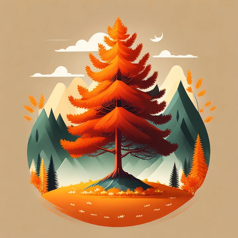 A spruce tree in autumn landscape, t-shirt design, rzminjourney, vector art