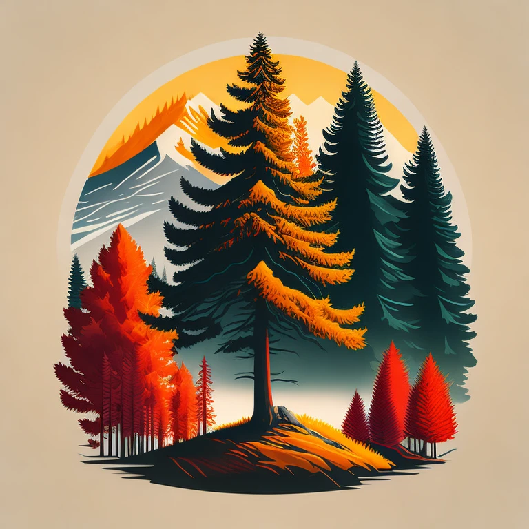 A spruce tree in autumn landscape, t-shirt design, rzminjourney, vector art