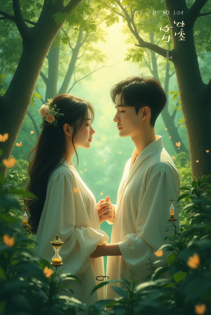 cover for a song called reborn to love with a forest background and a korean couple, Write the sentence: "Reborn to love" in Portuguese title at the top of the image, also add hourglasses and things that refer to time and reincarnation