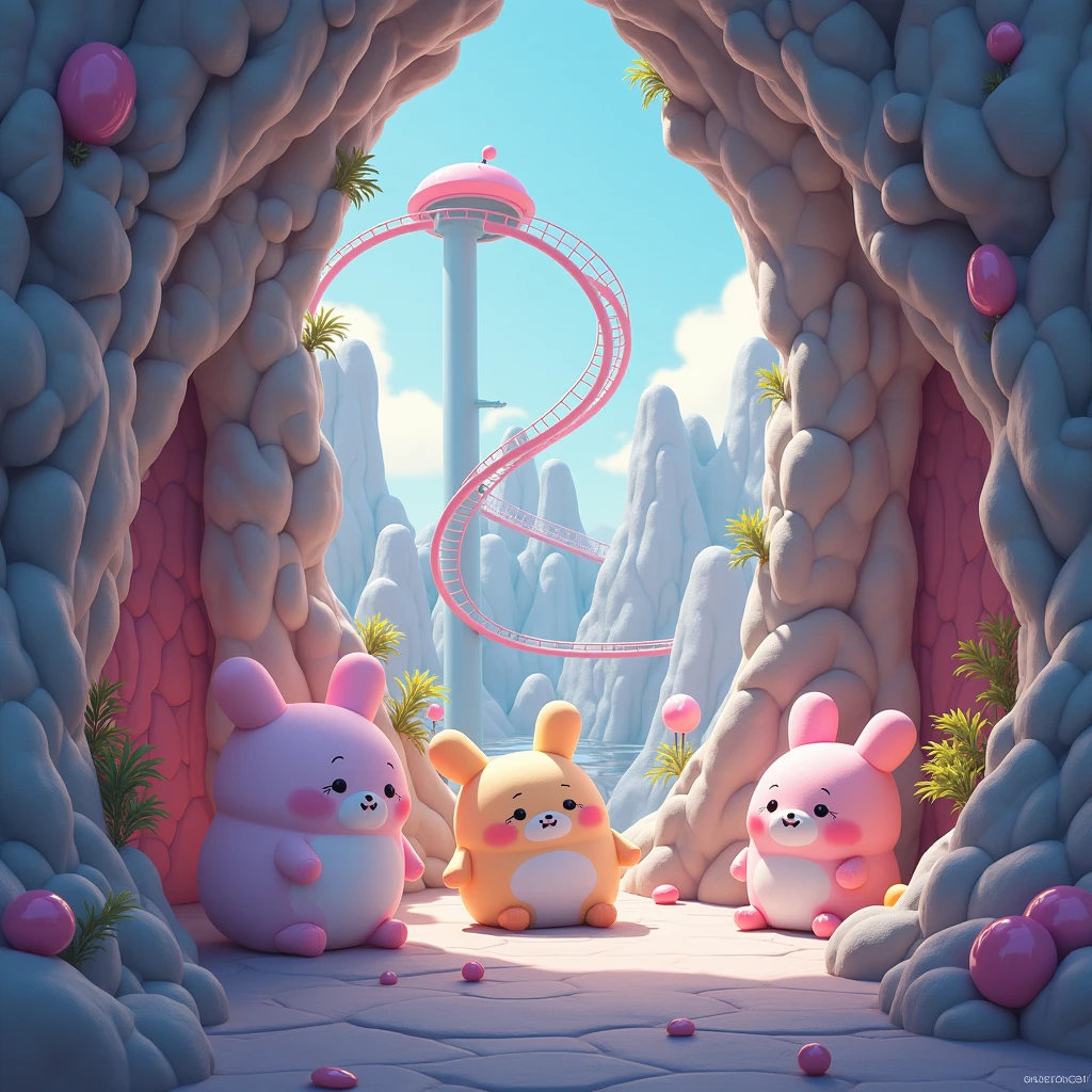 female squishmallows drawing (inside the giant rock, rollercoaster,)