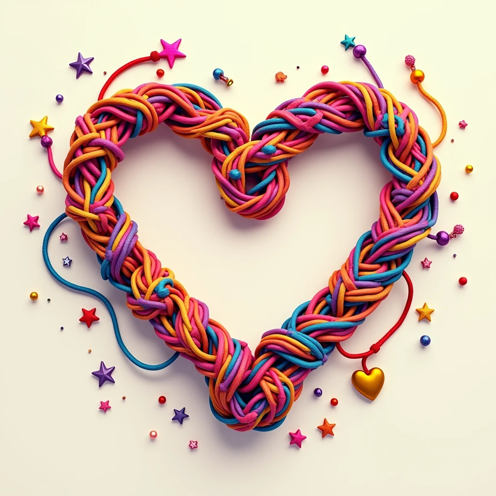 Draw several friendship bracelets intertwined to form a heart, with colorful bead details and star and heart shaped pendants.