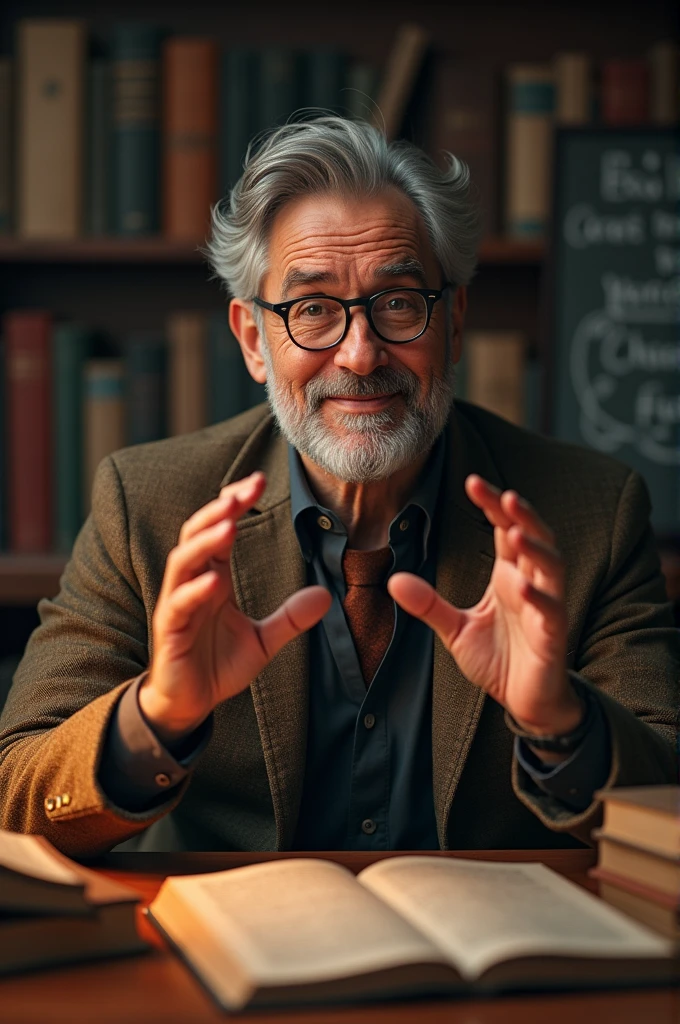 A man with glasses and this explaining