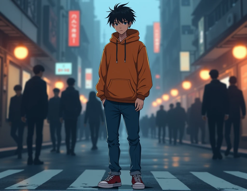 ((1 chico, 18 years, Alone ,alone, grey eyes, by the unalienated, (grey eyes:1.5), messy hairstyle, DARK hair, White skin, hombre joven de White skin, )), ((Alone, 1 man, extremely detailed, Soft ambient lighting, 4k, Perfect eyes, SERIOUS LOOK, a perfect face, perfect lighting, to 1 boy)), Austere, (Physical aptitude,, well formed body, athletic body, toned body)), (( urban fashion boy, wear orange hoodle, blue jeans, walking on shibuya crossing, good style, good bearing, sneakes vans)) ((vertical book cover, illustrated in anime style, frios request))