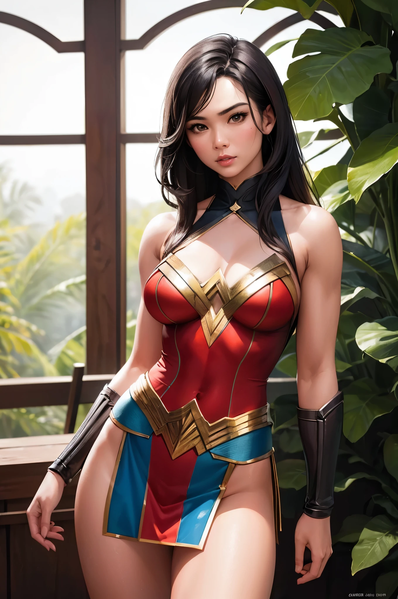 photorealistic, high resolution, 1women, solo, hips up, look at viewer, exotic, athletic and fit body, (detailed face), wonder woman Indonesian costume, Indonesian Woman, Indonesian Culture