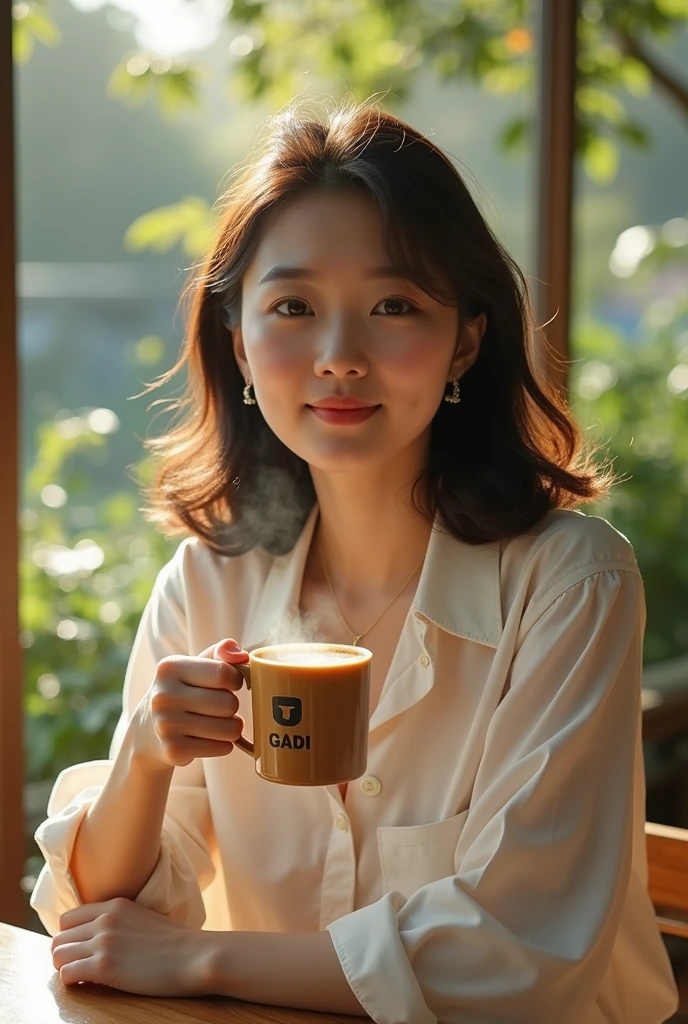 Delicate photos of a Korean woman, Wearing smart casual clothing, Sit in a cozy outdoor coffee shop,Surrounded by natural landscape. She is holding a cup of steaming coffee,It's marked "GADI", Take time out from your busy life and enjoy the relaxing atmosphere. The warm atmosphere is accentuated by the soft light of the sun filtering through the leaves, Add a warm glow to the scene. bright colors, sharp focus, The details in the photos create a cozy and peaceful atmosphere. The third law, Volumetric, 50mm lens
