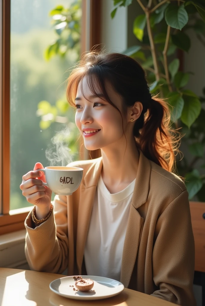 Delicate photos of a Korean woman, Wearing smart casual clothing, Sit in a cozy outdoor coffee shop，Surrounded by natural landscape. She is holding a cup of steaming coffee，It&#39;s marked "GADI", Take time out from your busy life and enjoy the relaxing atmosphere. The warm atmosphere is accentuated by the soft light of the sun filtering through the leaves, Add a warm glow to the scene. bright colors, sharp focus, The details in the photos create a cozy and peaceful atmosphere. The third law, Volumetric, 50mm lens
