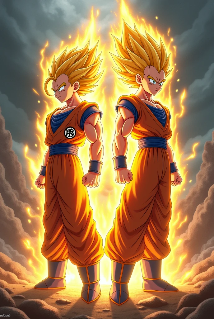 Gohan and Goten from Dragon Ball transformed into Super Saiyan 
