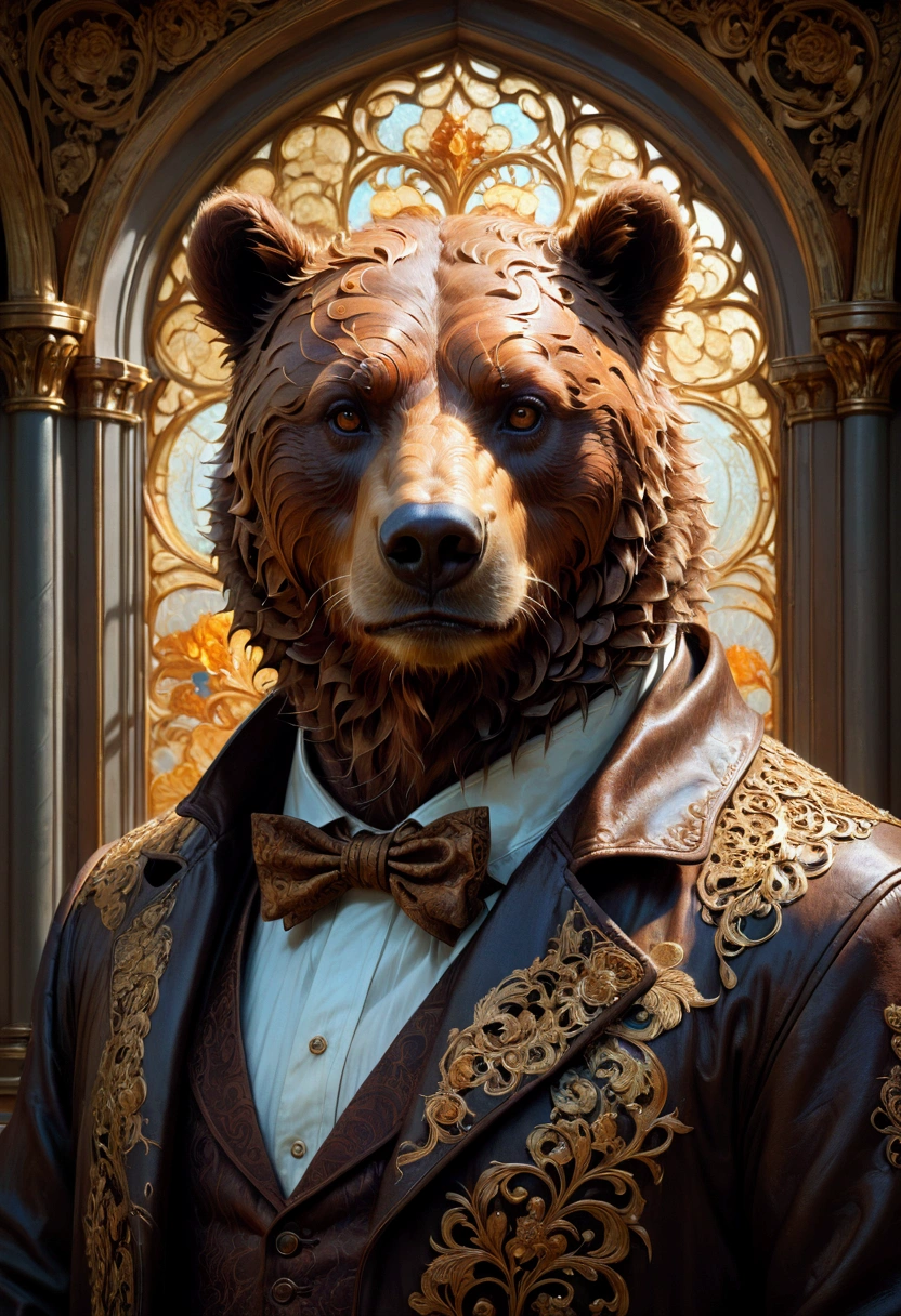 Brown Bear, centered head and shoulder face portrait of a Rococo Gothic filigree brown bear standing on a street, hyperdetailed photoillustration van Gogh Cinema 4D Oil painting Huang Guanjian finalRender lifelike Greg Rutkowski ismail Inceoglu Todd McFarlane Gustave Doré 16K resolution Unreal Engine 5 3D shading Alphonse Mucha Dan Witz hyperdetailed, masterpiece, best quality, very aesthetic, absurdres