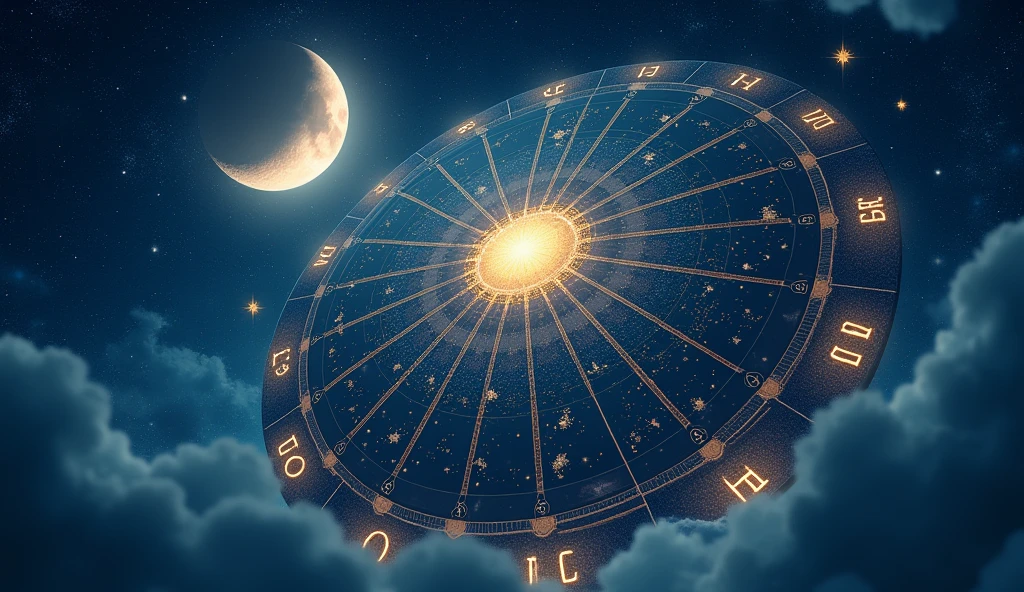 Imagine a starry night sky with a large celestial calendar. Each day of the calendar is marked with mystical symbols and numbers, representing the events and predictions we discussed. The calendar is illuminated by a soft light, emitted by a crescent moon shining in the background. The stars around the calendar are visible, reflecting the energy and mysteries of the days mentioned. Each date has symbols representing recommended actions and what to avoid., creating a visual connection to the spirituality and predictions discussed.
