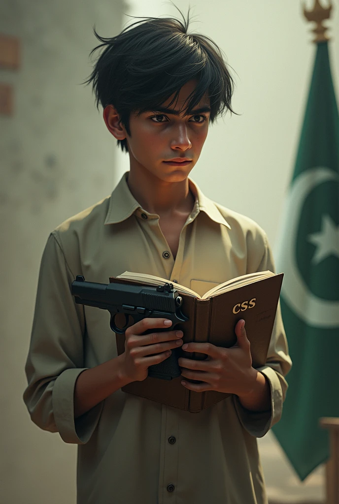 A teenager boy holding gun and books with CSS written on it.He is looking confused.He is a south Asian boy with little mustache and short hair.Keep his hair very short.Realistic gun and book with CSS written on it along with Pakistan flag. Little mustache not manly or fully grown. He is wearing shalwar kameez