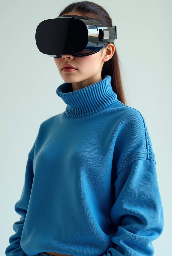 realistic full body woman with blue sweater and safety black cyberpunk visor with futuristic design