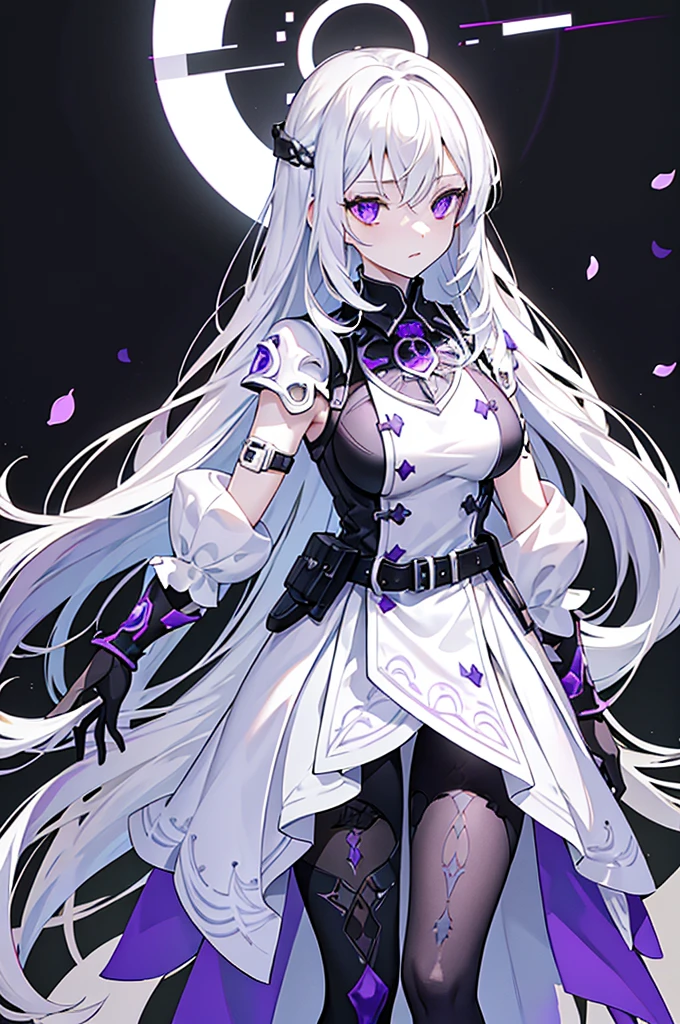 The character depicted is an elegant young woman with long silver, almost white hair that transitions into purple and pink at the tips. Her eyes are a deep violet, contrasting with her pale complexion. She wears a light and stylized armor that is primarily white, adorned with black and purple motifs, enhancing her mystical appearance. The accessories on her armor are delicate, with black floral details, particularly around her neck and arms. An asymmetrical white skirt, secured by a purple belt, falls to her thighs. Her white boots with black patterns complete her look, while her long black and purple gloves emphasize the slenderness of her arms. Overall, she exudes an aura of both strength and grace.
