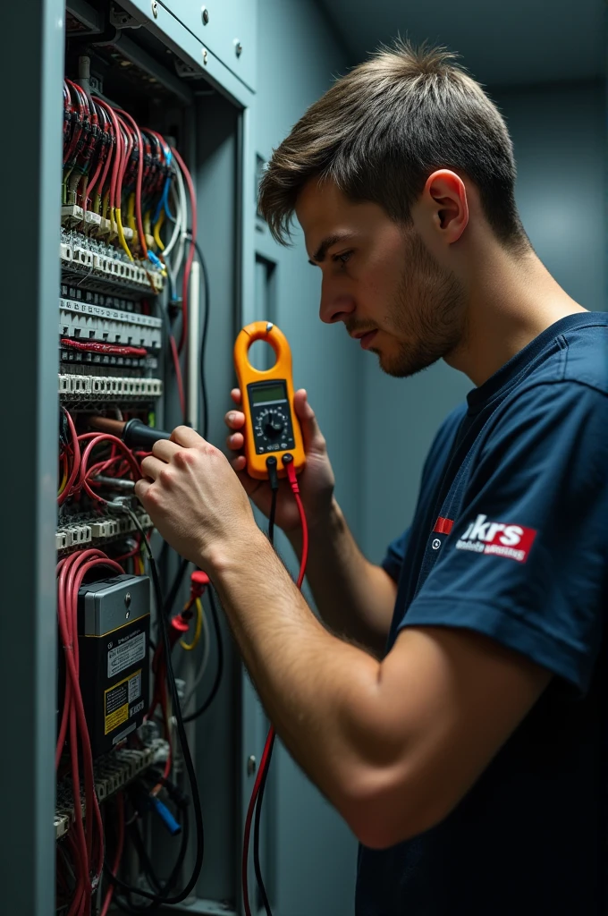 A young man working on electrical distribution box wiring with power tool like piler and crimping machine, screw driver, multimeter with Symbol written on his shirt is “KRS electrical”