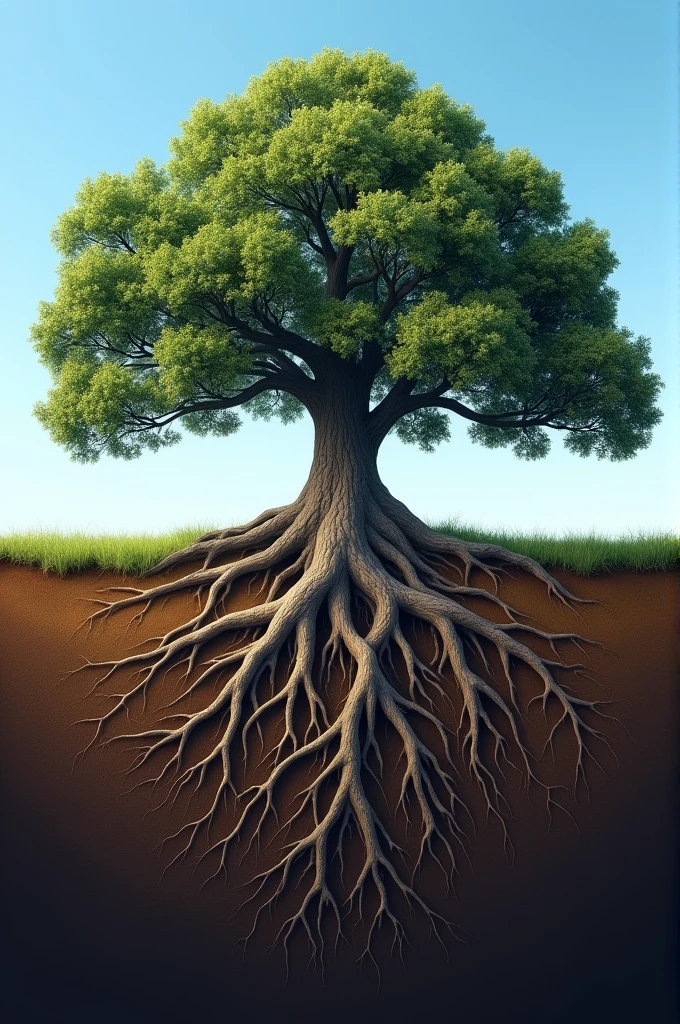Here’s a detailed prompt for generating the image:
"A mighty and strong oak tree standing tall, with a vast, lush canopy of leaves, set against a clear blue sky. The tree’s thick trunk and expansive branches exude strength and resilience. Below the tree, the fertile, rich soil is visible, showing layers of earth in shades of brown and dark gold. The powerful roots of the oak spread deep and wide into the ground, intertwining and anchoring the tree firmly. The roots are thick, gnarled, and textured, symbolizing stability and the tree's deep connection to the earth. The scene captures the balance between the tree's towering presence above ground and the hidden strength below."