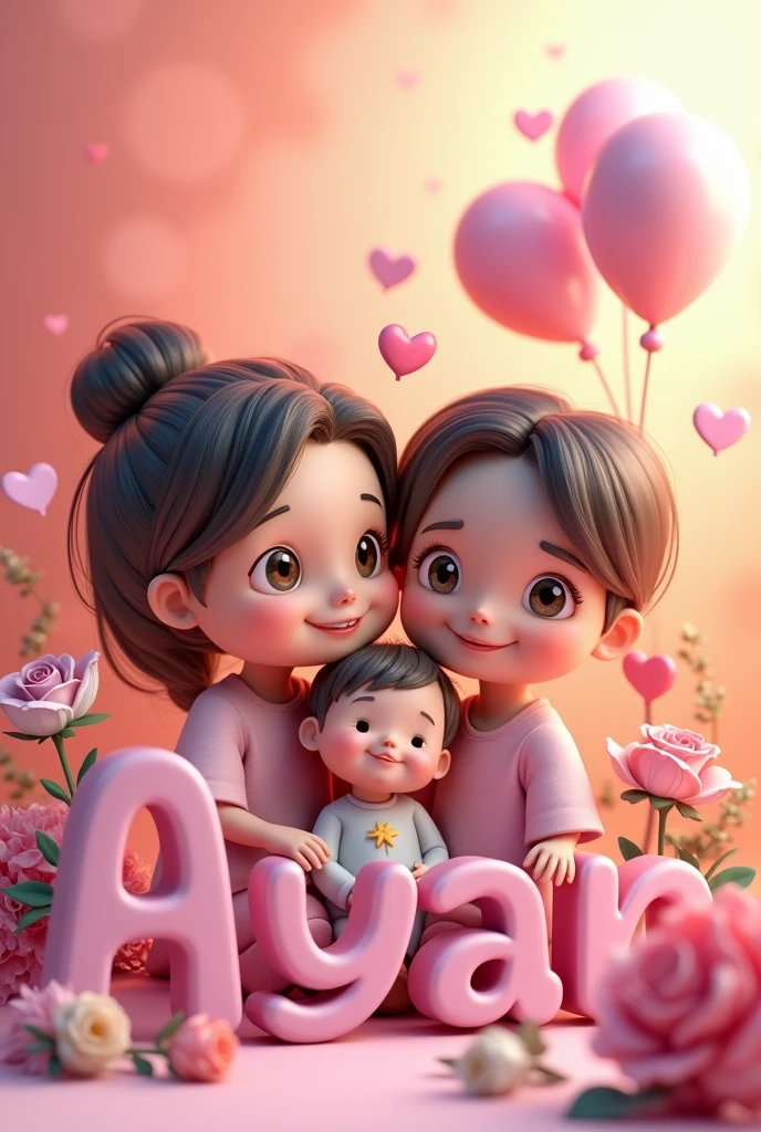 3d family Name art with one pink rose, heart, balloons, stylish font, purple color font, background one real baby with mummy Papa,
The name is"Ayan"