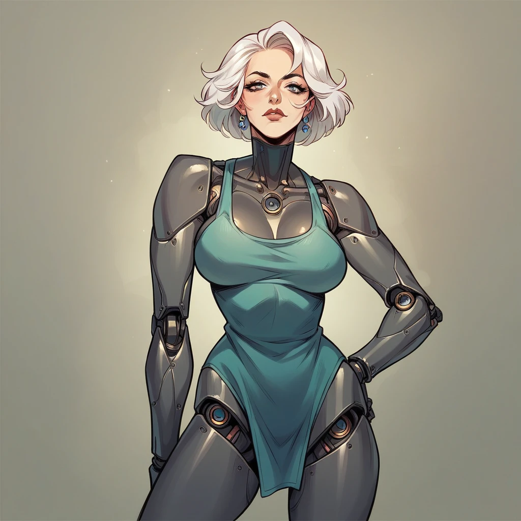 a robot MILF (in her 40s). you just took her out a box and she is now standing in your living room. She has white hair and stares blankly at you. she is moderate clothes that still show her robotic parts