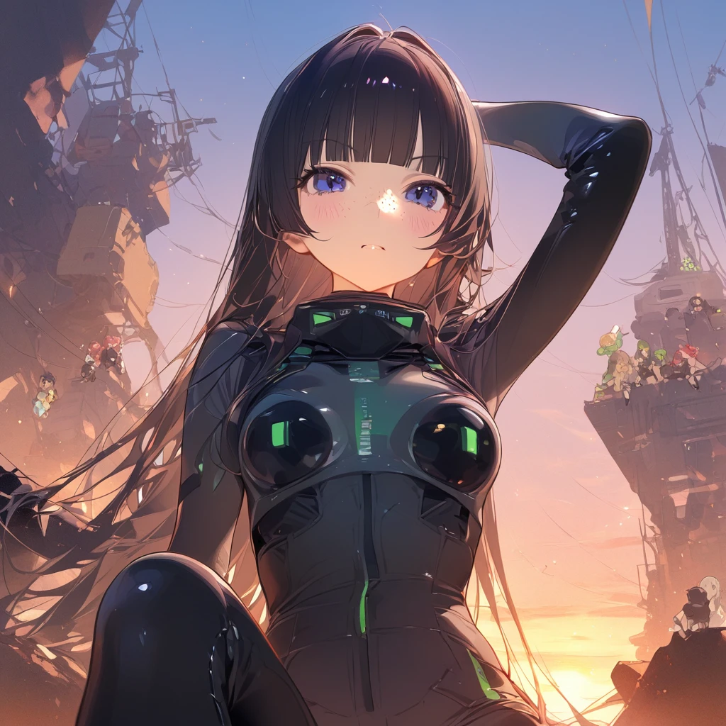 score_9, score_8_up, score_7_up, score_6_up, score_5_up, score_4_up, masterpiece, best quality, source_アニメ,2d、flat、1girl, A girl in a black pilot suit、Blonde、Straight Hair、blunt bangs、freckles、Long Hair、Machine Ruins、Sunset、sit