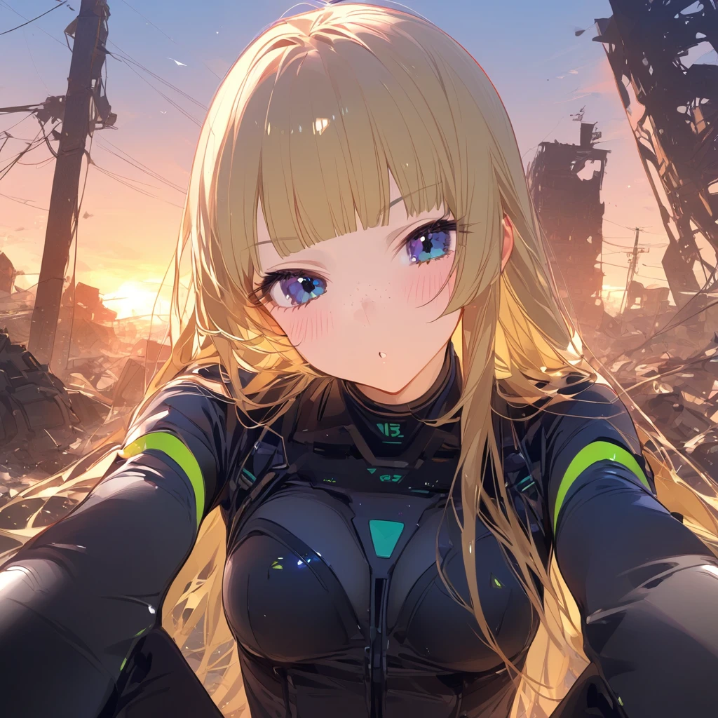 score_9, score_8_up, score_7_up, score_6_up, score_5_up, score_4_up, masterpiece, best quality, source_アニメ,2d、flat、1girl, A girl in a black pilot suit、Blonde、Straight Hair、blunt bangs、freckles、Long Hair、Machine Ruins、Sunset、sit