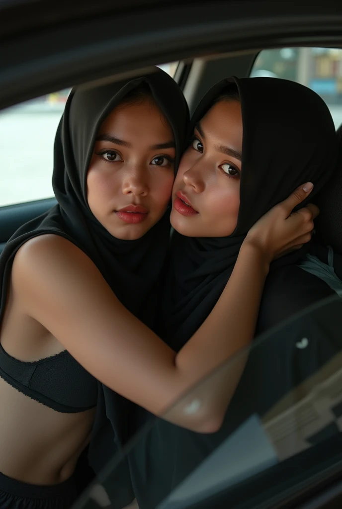extreme close up of two beautiful teacher hijab indonesian lesbian girl laying down,bra and panties,hugging,french kiss,lesbian sex,,in a car,look to the viewer