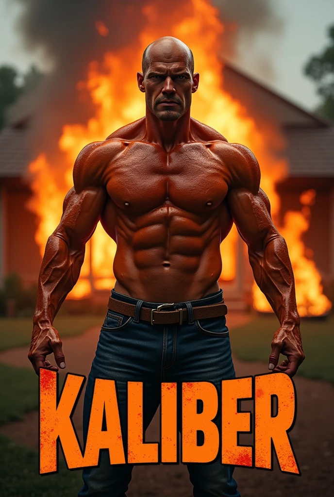 Big brollic oiled up carrot boy, standing in front of a burning house, with the word kaliber under it in orange letters, hyper realism, logo