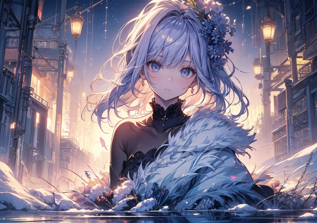 (masterpiece,Highest quality,High resolution,Super fine,Ultra high definition,High-resolution model,accurate,Complex,High detail,Very detailed,Winner of numerous awards,Anatomically correct,Photorealistic,Official Art,Impressionism,HD,8k:1.5),(A Wizard Girl,Ideal body proportions,Crouching on a frozen lake:1.3),Detailed magic circle,Beautiful lake,Hair blowing in the wind,A magical winter atmosphere,Faintly flushed,Natural light,Light dispersion,High Quality Shadows,Shadows cast on face and surroundings,(Glowing Skin,Textured skin,Detailed face,Delicate expression,Very detailed虹彩のある紫色のグラデーションの目,shiny lilac hair,Long Straight Hair,Braided bangs,Very detailed白と青色を貴重とした金属製の髪飾り),(Very detailed控えめな魔法使いの法衣,Very detailed凍った湖の背景:1.4),White Nights,Soft Light,(Gentle shades of white, yellow and pink,Colorful colors:1.2),Detailed depiction,Very detailed背景,reflected light,Background blur,Fantasy,Cowboy Shot,Framing Composition,Character profile, Dutch Angle,