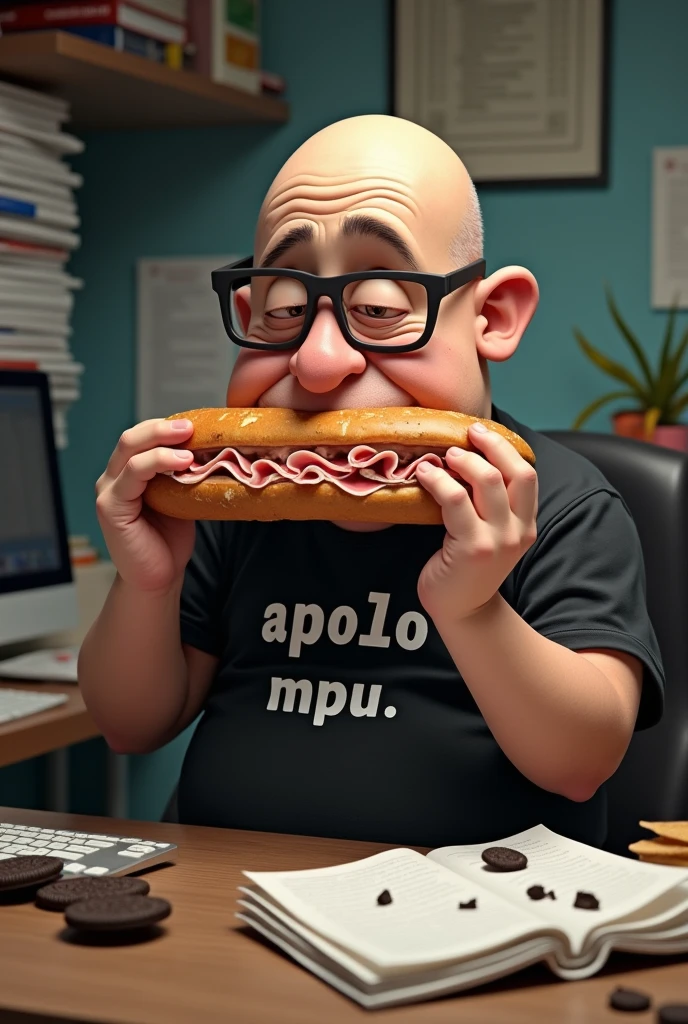 white male, 40 year old, baldie, wrinkled and completely smooth face, no fur, cheeky, Scrawny, but very pot-bellied, wearing glasses and eating baguette with lots of ham. Sitting behind a rather messy desk with a computer, stacks of papers, Oreo crumbs and cookies. Wearing a black shirt with the following phrase: APO1O MPU.