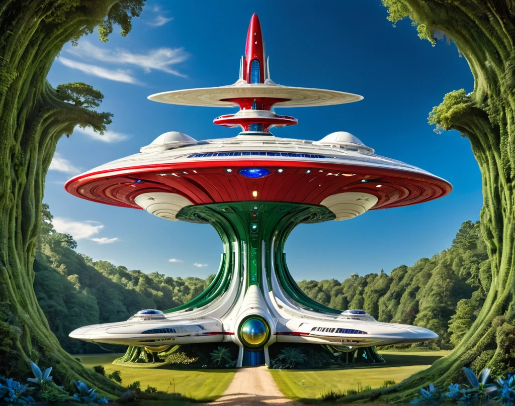 Medieval 🏯🏰castle 🏰 🏯 starship🛸🌠👾🚀🛰️👽👾, wide shot, red, white , and blue Enterprise with forest green nacelles and intricate details connected by heavy metal gold webbing connecting the body and the 3 tiers of saucers, to each other and the nacelles. Insanely symmetrical. Alien Landscape Photography, warmly glowing Nacelles, cobalt wired industrial materials. Insanely detailed and symmetrical.