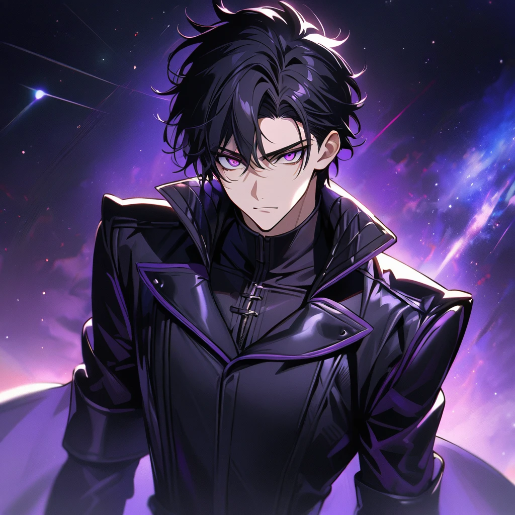 High quality, HD, 4k, no shadows, handsome male, handsome, extremly handsome, 1male, 1 male, teenager, pure black hair, short black hair, dark hair, black hair, jet black hair, sharp eyes, deep purple colored eyes, dark purple colored eyes, deep violet eyes, violet eyes, devil may cry, close up, calm expression, stoic expression, black leather clothes, black leather clothing, leather clothing, lean body, well trained body, upper body, looking at viewer, cowboy shot, white solar, space background