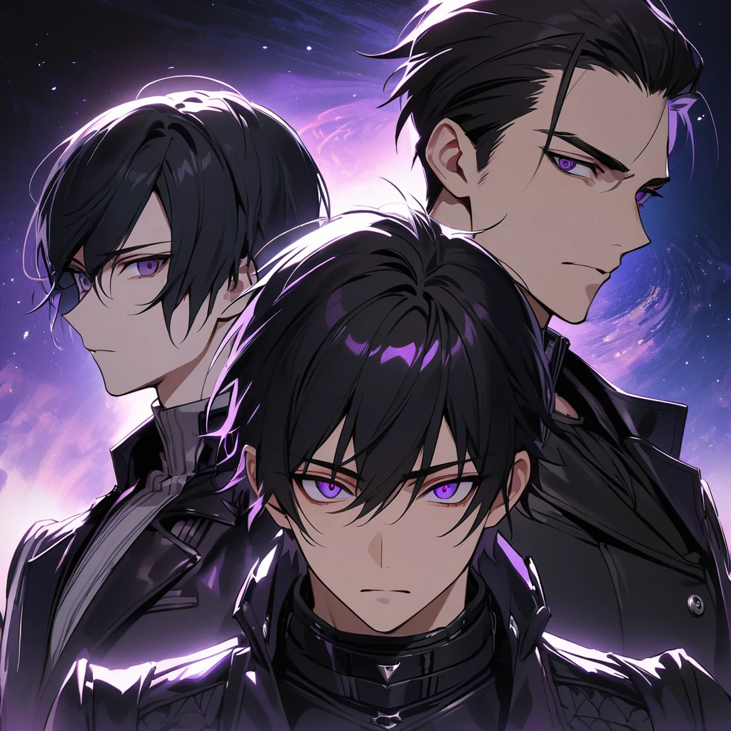 High quality, HD, 4k, no shadows, handsome male, handsome, extremly handsome, 1male, 1 male, teenager, pure black hair, short black hair, dark hair, black hair, jet black hair, sharp eyes, deep purple colored eyes, dark purple colored eyes, deep violet eyes, violet eyes, devil may cry, close up, calm expression, stoic expression, black leather clothes, black leather clothing, leather clothing, lean body, well trained body, upper body, looking at viewer, cowboy shot, white solar, space background