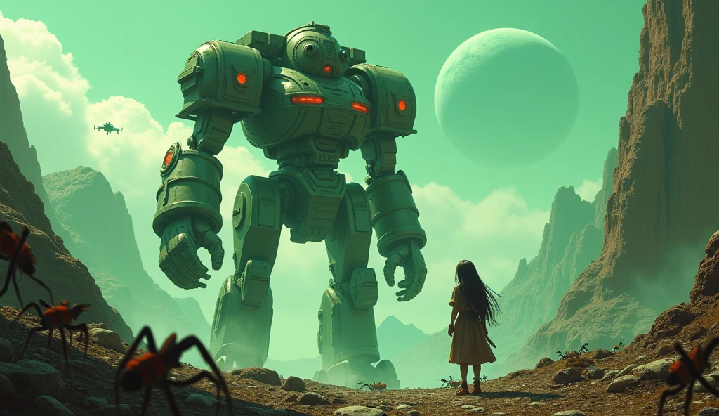 space middle ages, adeptus mechanicus, 1 girl,1 robot in which there is a person, A huge robot, plasma pistol, planet cronus, Mountainous terrain, unknown planet, green color, in the background there are beetles from underground, long hair, a fortress is flying in the sky