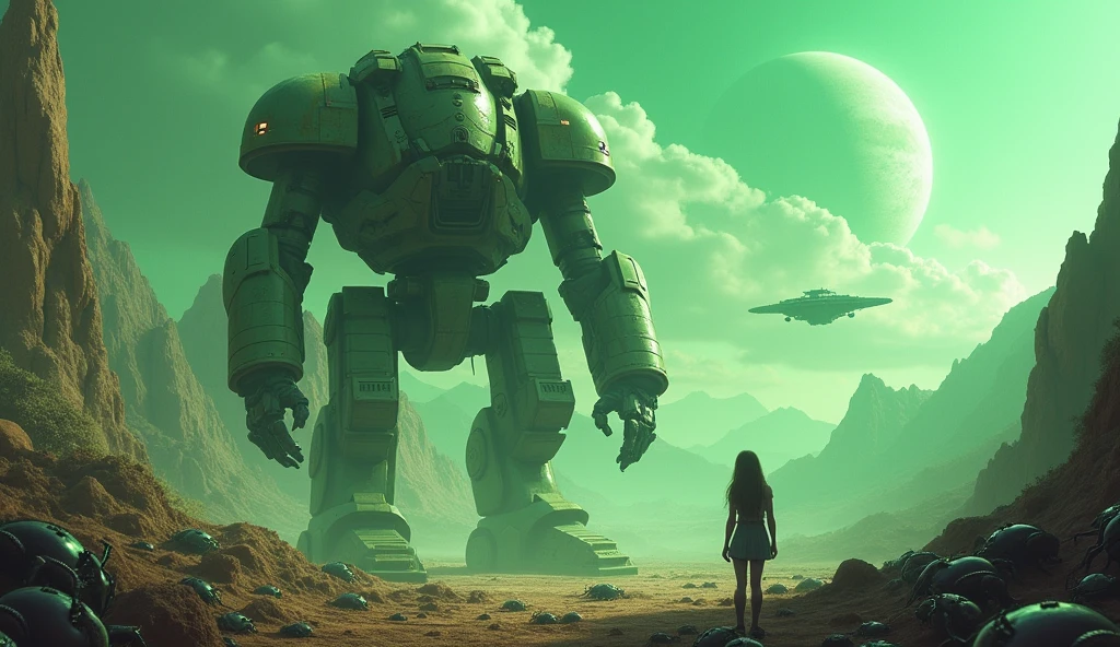 space middle ages, adeptus mechanicus, 1 girl,1 robot in which there is a person, A huge robot, plasma pistol, planet cronus, Mountainous terrain, unknown planet, green color, in the background there are beetles from underground, long hair, a fortress is flying in the sky