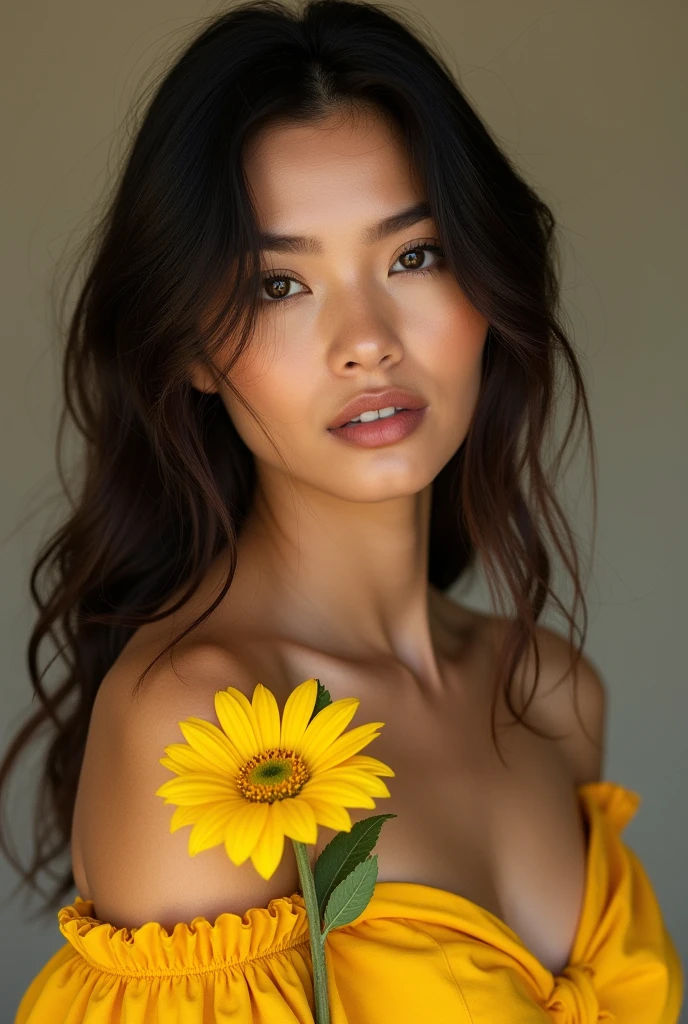  de cabelos pretos,with dark skin,yellow dress holding a yellow flower,looking at the camera 