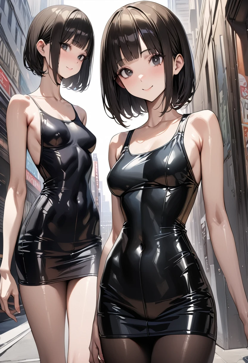 ((masterpiece,best quality anime,Highest quality:1.3)),realistic,upper body,1woman,(30 year old beauty),((very small head:1.4)),((very long body:1.4)),(short bob hair),black hair,(gorgeous big eyes),black eyes,smile,((slender body:1.4,skinny:1.3)),medium breasts(Punk Fashion、Black tank top,navel、Black leather mini skirt),oily skin,gleaming skin,shiny skin,standing,on street,New York City、