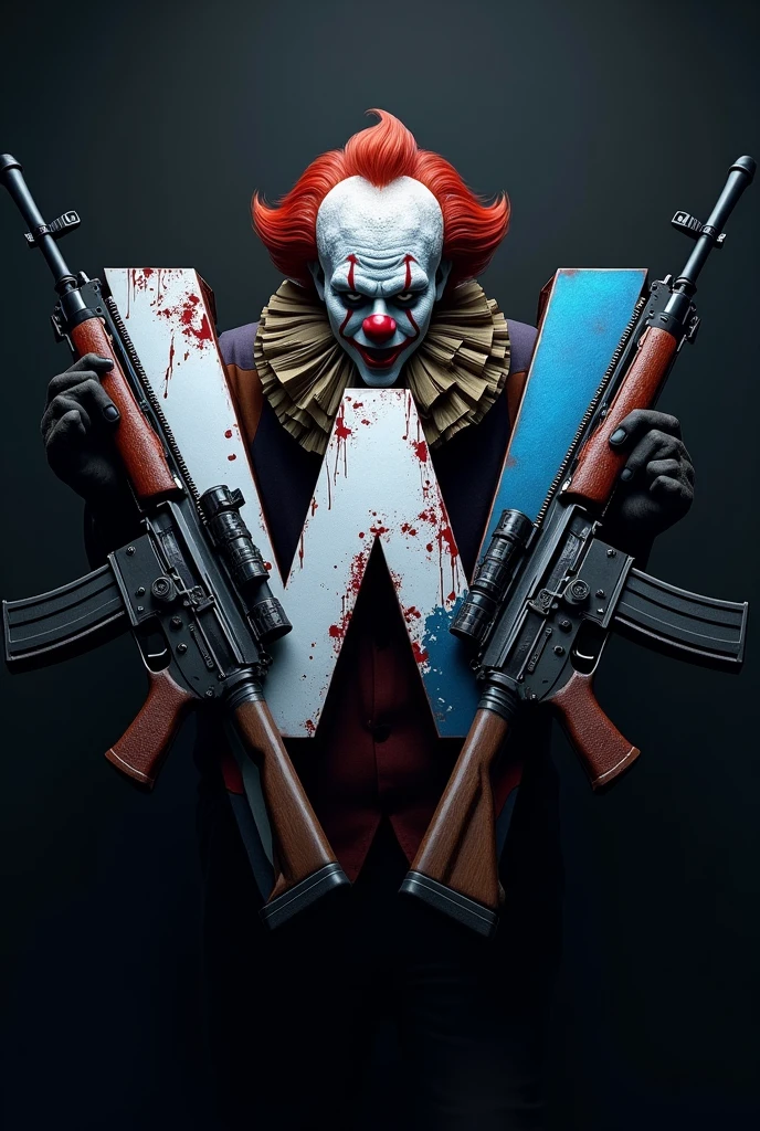 A logo that has the letter W that has blue color, white, black and gold with call of duty game theme carrying classic weapons with a bloody clown behind with classic weapons