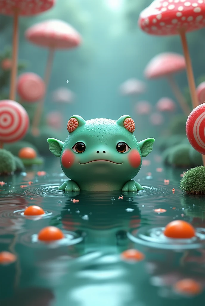 Kappa in the pond,Sticking out of the water,there are fish in the water,Wet day,There are ripples in the water, candy world