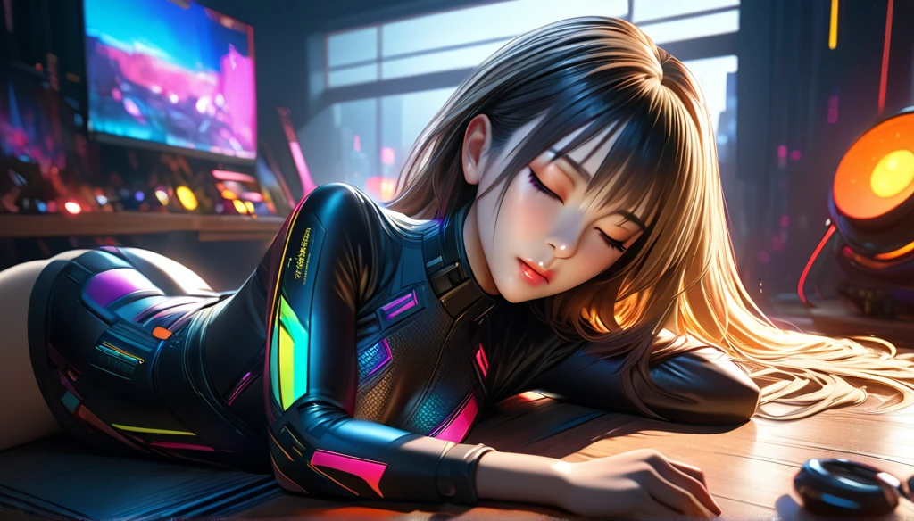 a woman lying on a bed, eyes closed, with colorful long hair, backlit through a large window in a dark, quiet night, in a sexy, futuristic outfit under dramatic studio lighting, on a table, exquisite 3D CGI masterpiece, (best quality,4k,8k,highres,masterpiece:1.2),ultra-detailed,(realistic,photorealistic,photo-realistic:1.37),HDR,UHD,studio lighting,ultra-fine painting,sharp focus,physically-based rendering,extreme detail description,professional,vivid colors,bokeh,portrait,dramatic lighting,cyberpunk,neon colors
