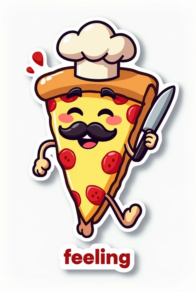 Sticker of a slice of pizza with a mustache and a chef's hat with feet and hands with a knife. what say "feeling ". cool guy. happy. Not tender. don't anime