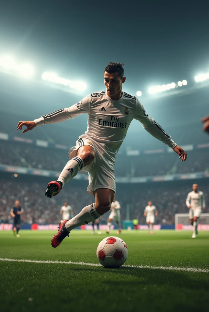 Create an image of CR7 scoring a bicycle kick goal against Real Madrid for the goal