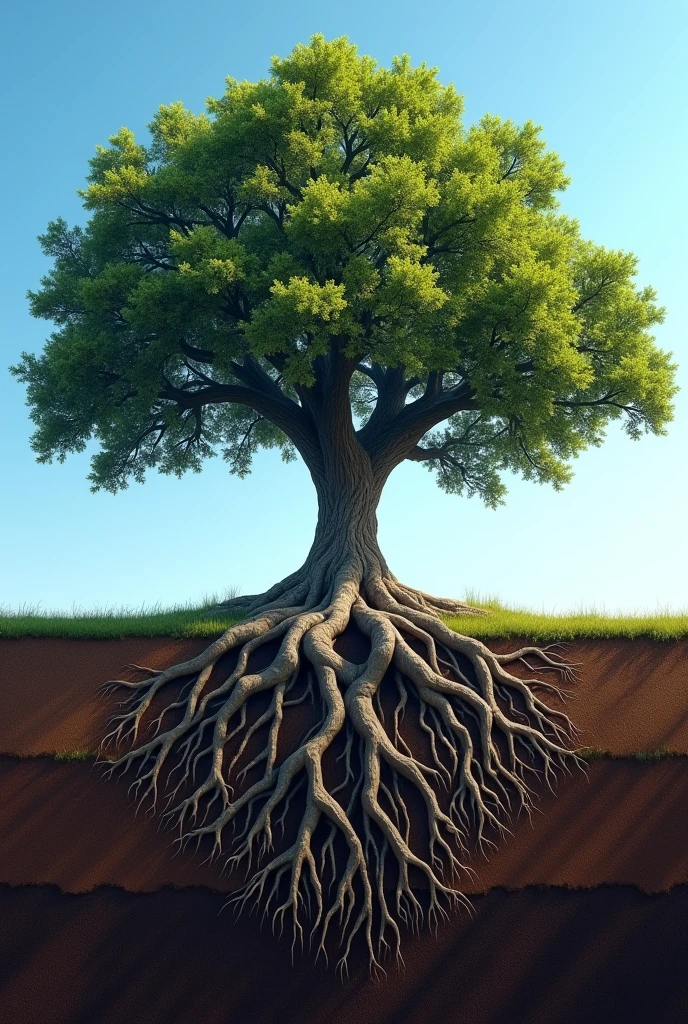 Here’s a detailed prompt for generating the image:
"A mighty and strong oak tree standing tall, with a vast, lush canopy of leaves, set against a clear blue sky. The tree’s thick trunk and expansive branches exude strength and resilience. Below the tree, the fertile, rich soil is visible, showing layers of earth in shades of brown and dark gold. The powerful roots of the oak spread deep and wide into the ground, intertwining and anchoring the tree firmly. The roots are thick, gnarled, and textured, symbolizing stability and the tree's deep connection to the earth. The scene captures the balance between the tree's towering presence above ground and the hidden strength below."