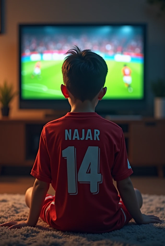 A child sitting with his back turned watching television, with the name Najar and the number 14 below on his football shirt He is watching Cristiano Ronaldo on TV