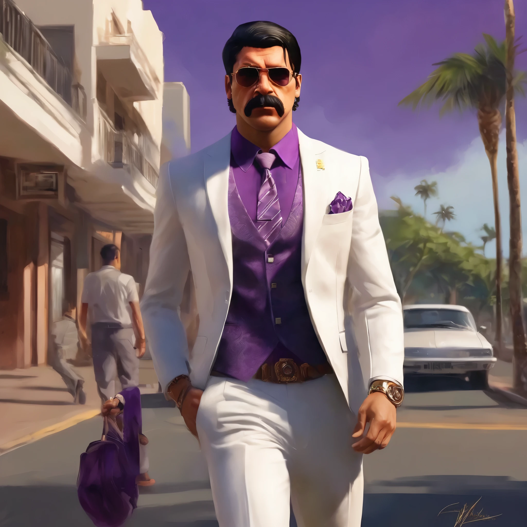 (obra maestra, Mejor calidad:1.2), 1 chico, thenahualli, serious, dangerous man, elegant, elegante, he is a gangster, white suit, purple shirt, walking, outdoor, Hawaii, (((realistic, detailed, photorealistic)))