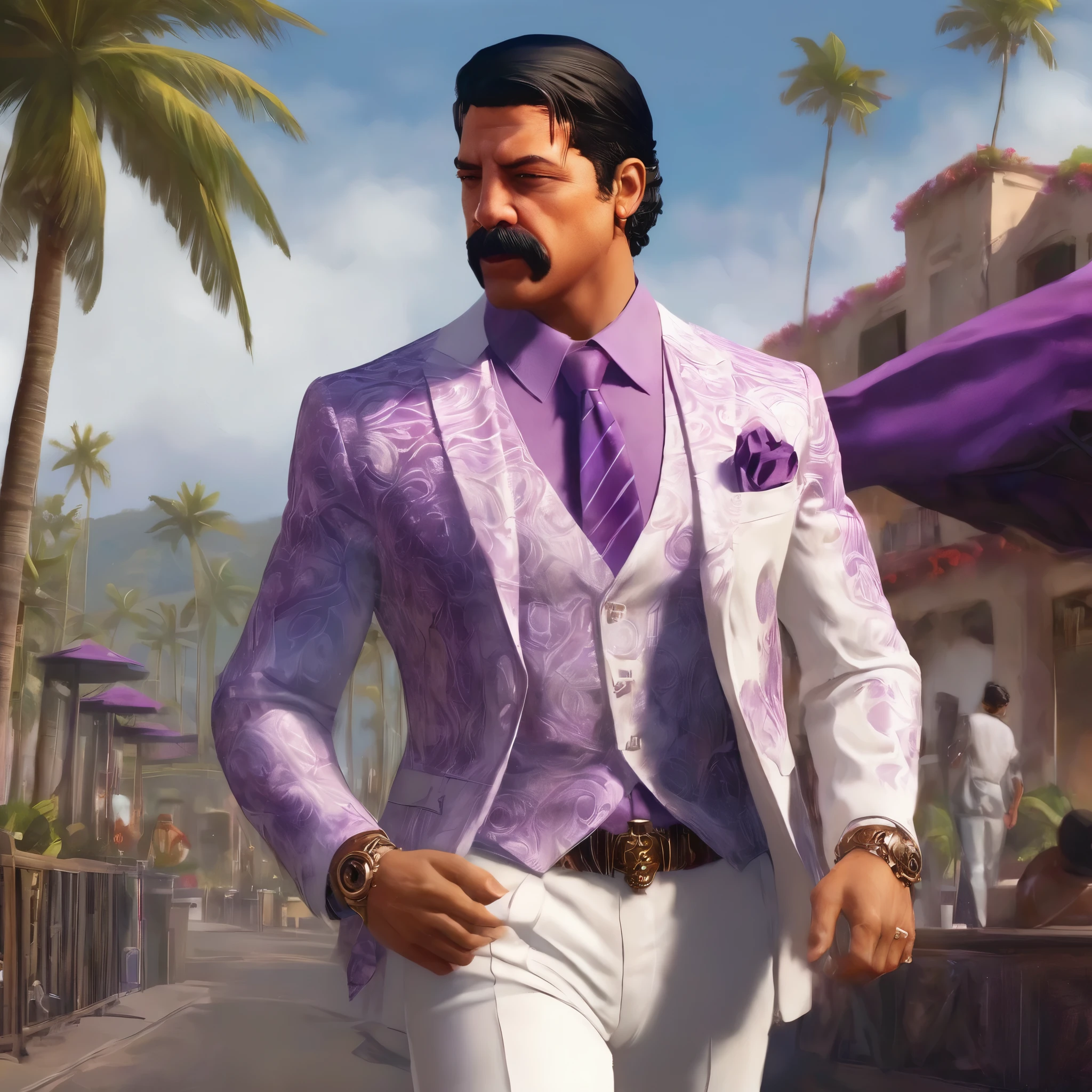 (obra maestra, Mejor calidad:1.2), 1 chico, thenahualli, serious, dangerous man, elegant, elegante, he is a gangster, white suit, purple shirt, walking, outdoor, Hawaii, (((realistic, detailed, photorealistic)))