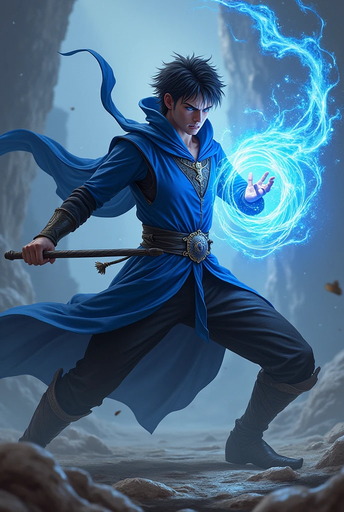 Caucasian male, short black hair, blue and black tunic, In his right hand he holds a magic staff , In his left hand he holds a ball of celestial energy, fighting stance, angry facial expression, His eyes emit blue energy.