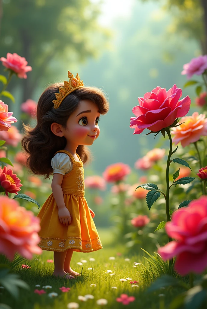 Chapter 2: The Garden of Talking Flowers Description: Sofia arrives in a garden where the flowers talk and have distinct personalities. She talks to a very wise rose and learns about the importance of kindness.. imageio: A vibrant garden with flowers of various colors and lively expressions, talking to Sofia