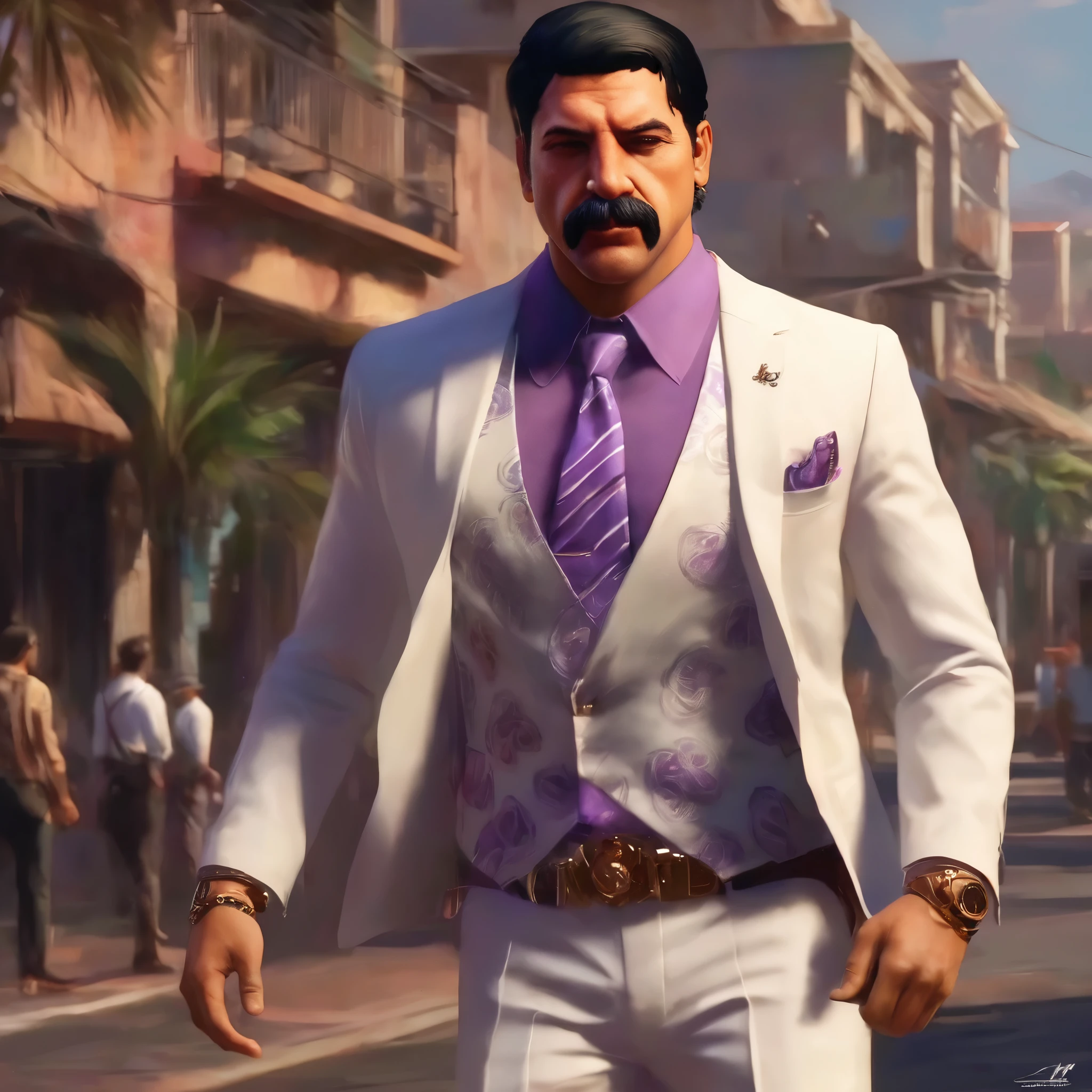 (obra maestra, Mejor calidad:1.2), 1 chico, thenahualli, serious, dangerous man, elegant, elegante, he is a gangster, white suit, purple shirt, walking, outdoor, Hawaii, (((realistic, detailed, photorealistic)))