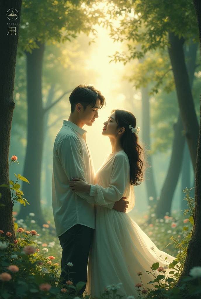 cover for a song called reborn to love with a forest background and a korean couple, Write the sentence: "Reborn to love" in the Portuguese language of the title at the top of the image, also add hourglasses and things that refer to time and reincarnation