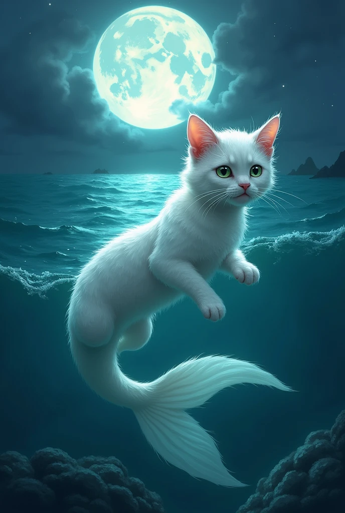  In a mystical, moonlit ocean, a white mermaid cat with shimmering fur and a graceful fish tail swims gracefully through the water. Her green eyes are sharp and focused as she hears faint cries for help.